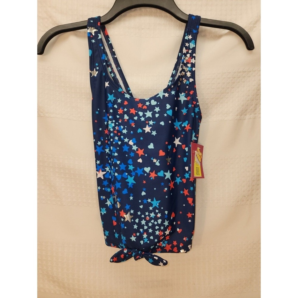 SO Girls Size 10 Tankini Top Stars 4th Of July Blue Red White Tie at Hem 8183
